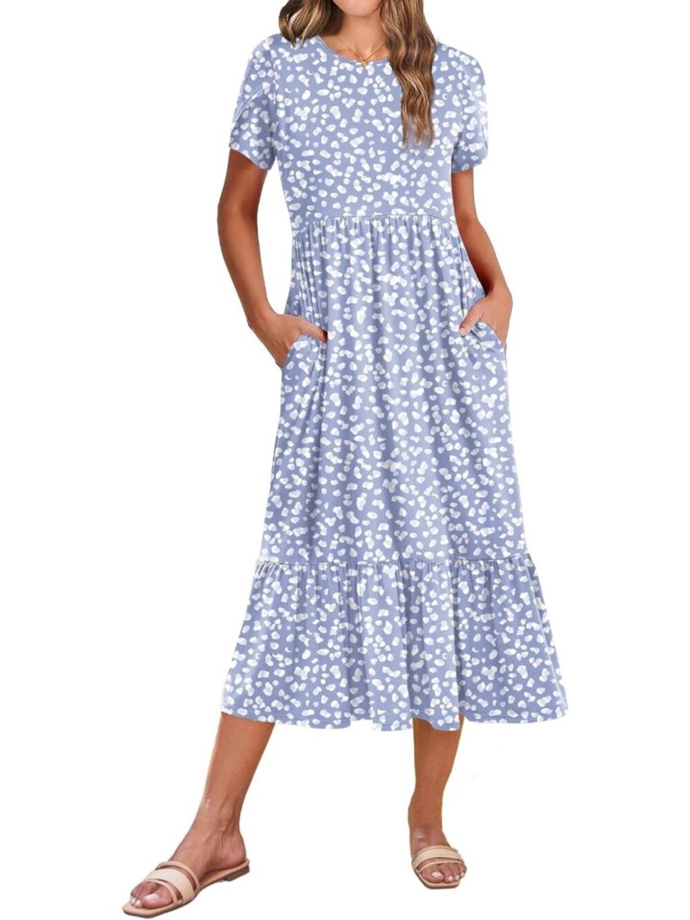 Summer Midi A-Line Dress for Women - Short Sleeve, Flowy, Tiered, Beach Ready